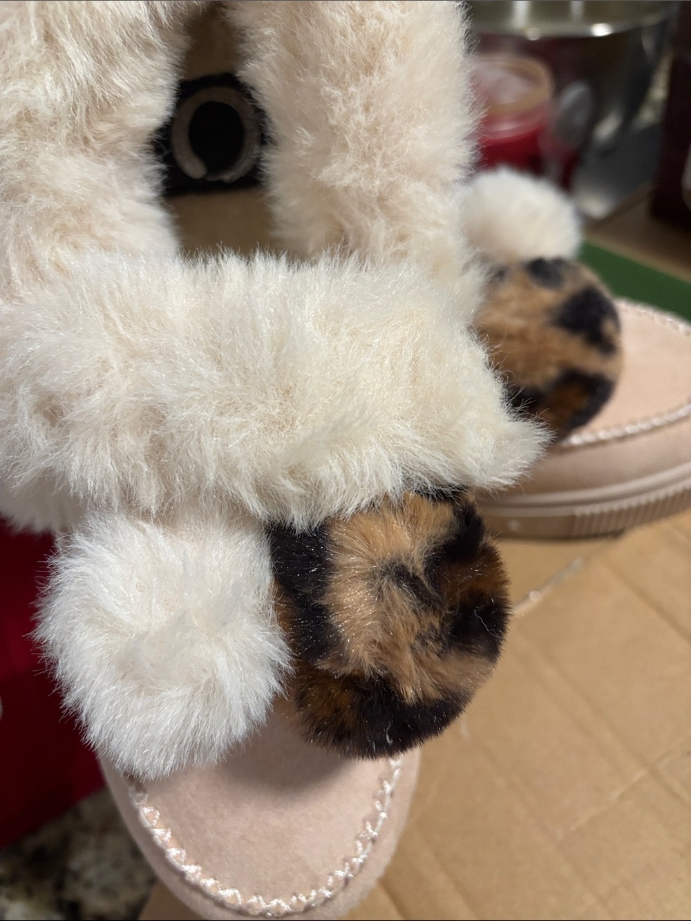 Journee Collection Cream Faux-Fur Pom Pom Slip-Ons with Leopard Accents